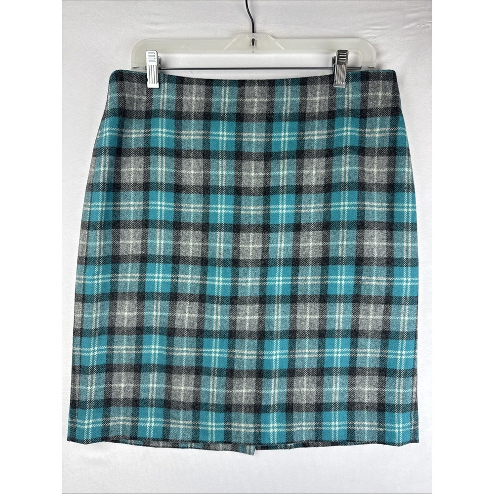 Talbots Wool Blend Skirt Size 8 Teal Gray Plaid Lined‎ Pencil Career Preppy